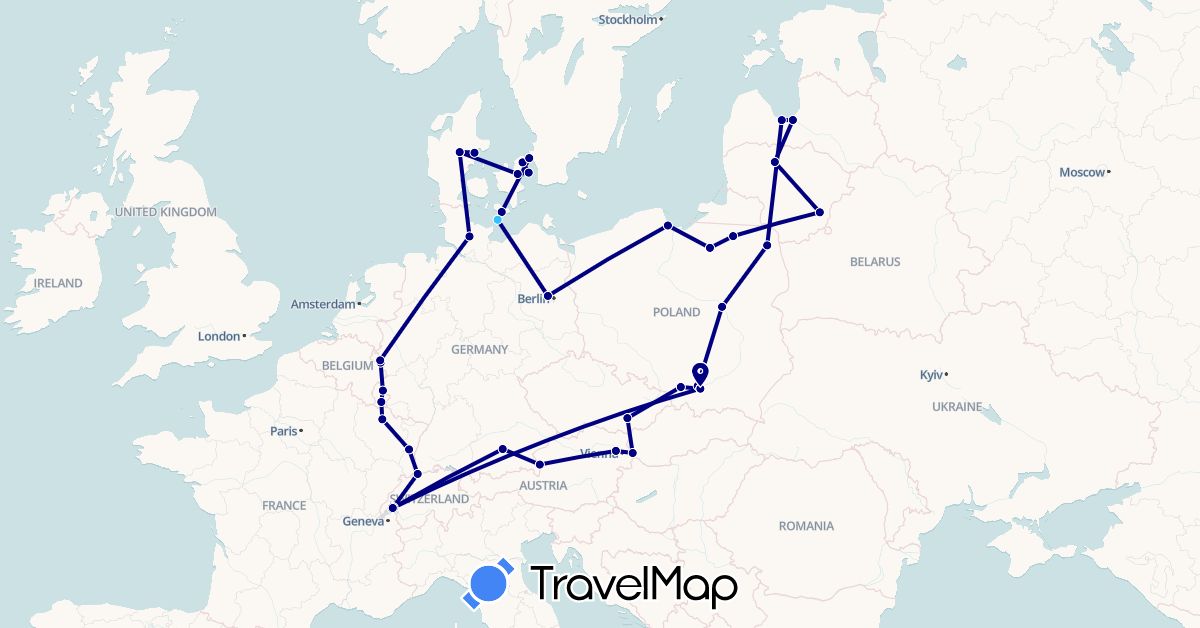 TravelMap itinerary: driving, boat in Austria, Belgium, Switzerland, Czech Republic, Germany, Denmark, France, Lithuania, Luxembourg, Latvia, Poland, Slovakia (Europe)