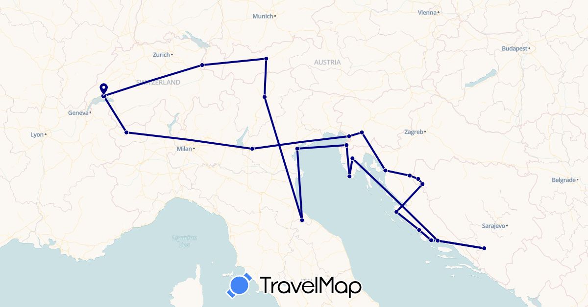 TravelMap itinerary: driving in Austria, Bosnia and Herzegovina, Switzerland, Croatia, Italy, Liechtenstein, Slovenia, San Marino (Europe)