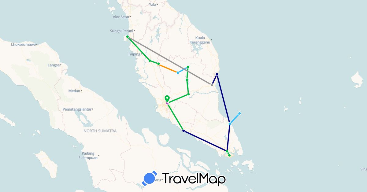 TravelMap itinerary: driving, bus, plane, train, boat, hitchhiking in Malaysia, Singapore (Asia)