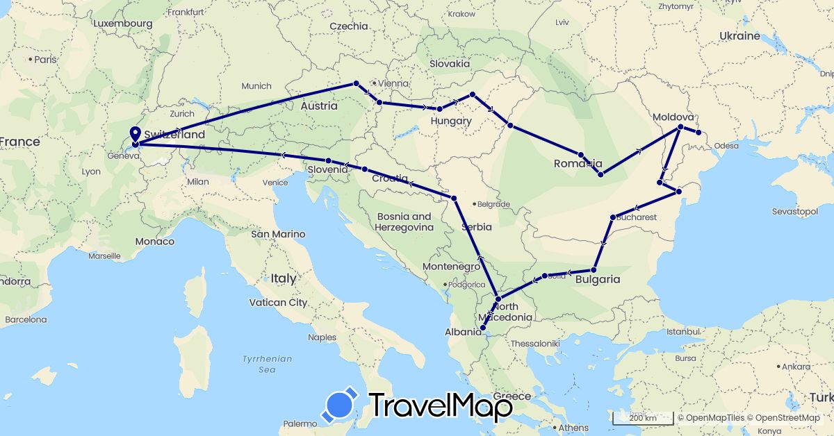 TravelMap itinerary: driving in Austria, Bulgaria, Switzerland, Croatia, Hungary, Moldova, Macedonia, Romania, Serbia, Slovenia (Europe)